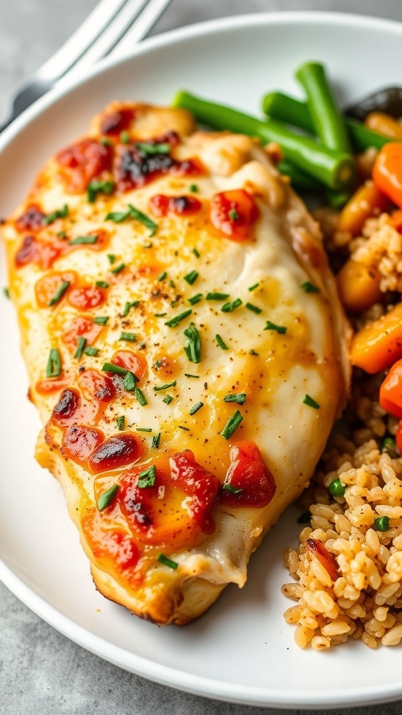 Juicy air fryer chicken breast garnished with herbs, served with vegetables and quinoa.